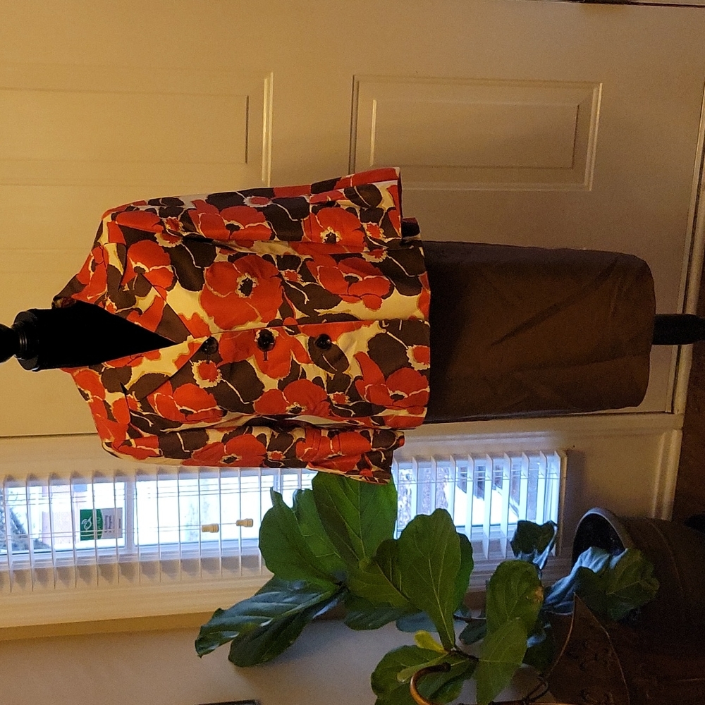 Kasper Petite brown orange white floral pencil skirt suit 100% silk 10P…EUC